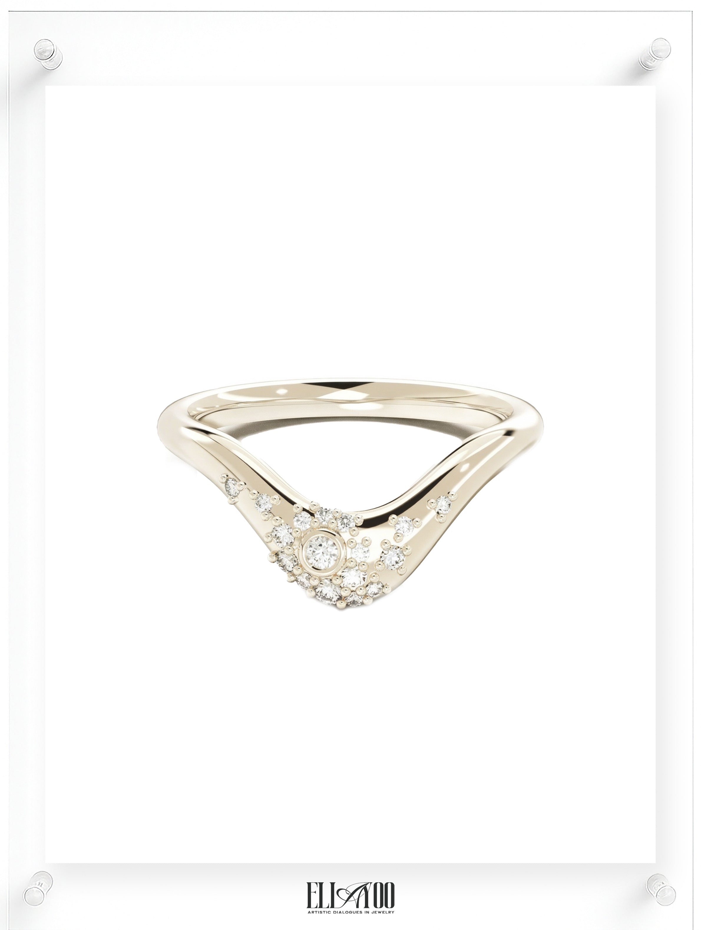 Curved diamond contour band ring in 14k gold with round pavé diamonds