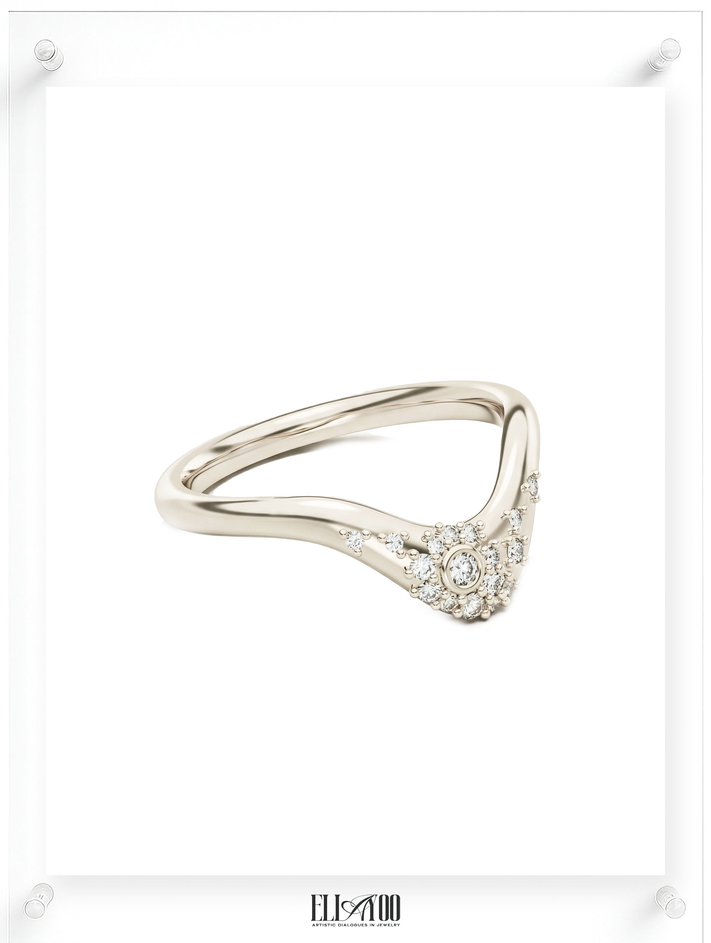 Curved diamond contour band ring in 14k gold with round pavé diamonds, side shot