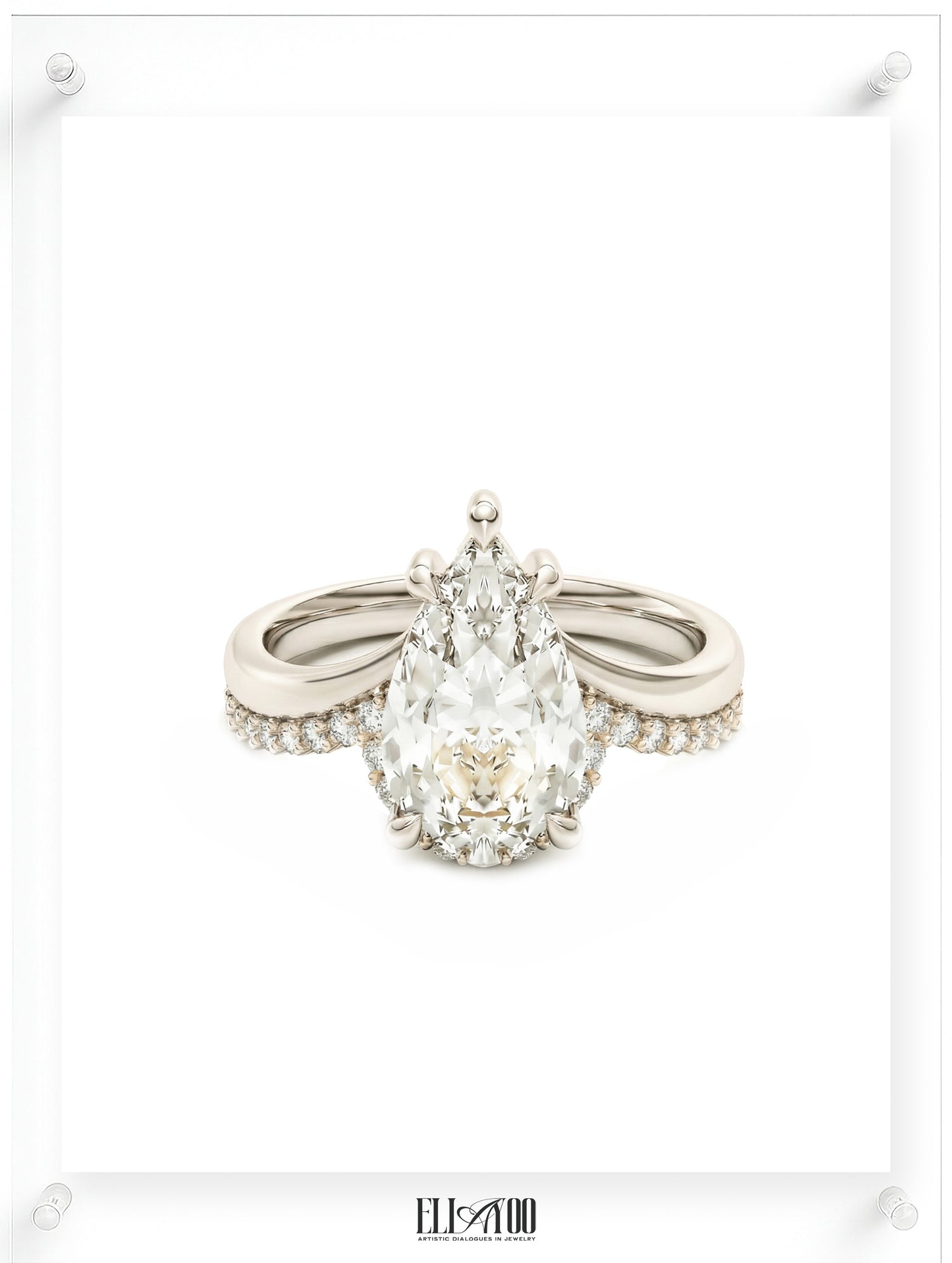 Pear cut diamond engagement ring with pavé band in 14k white gold, front shot