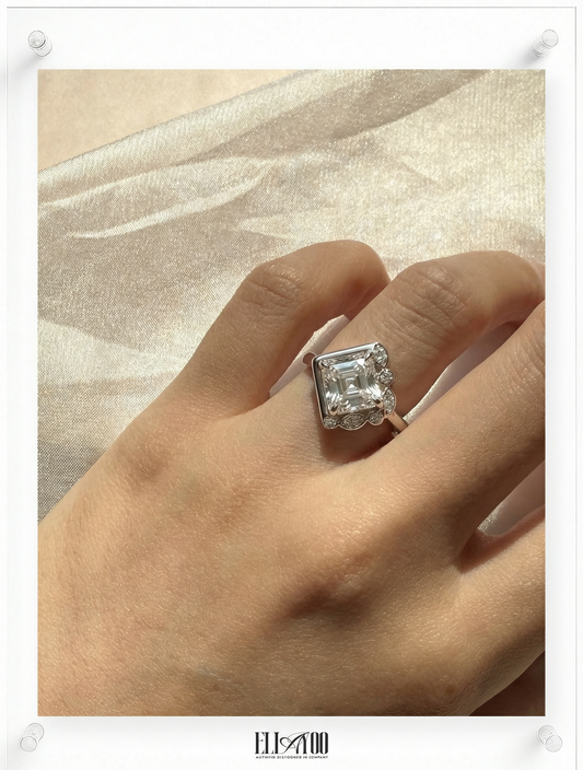 Model wearing 14k White Gold Cushion cut Diamond Ring with guard stone detail