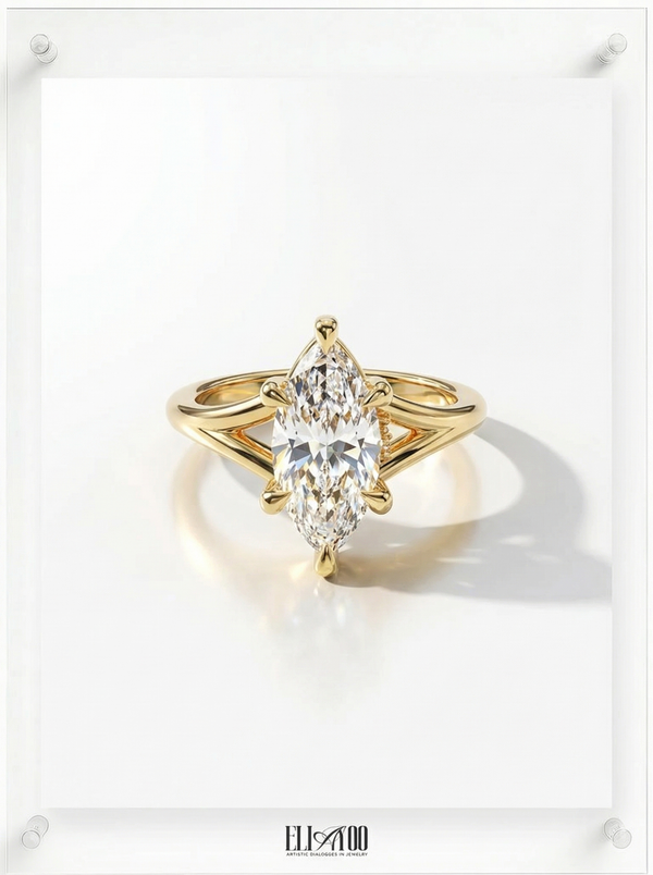 Front view of Marquise Cut Diamond Ring with claw setting featuring initials on the side